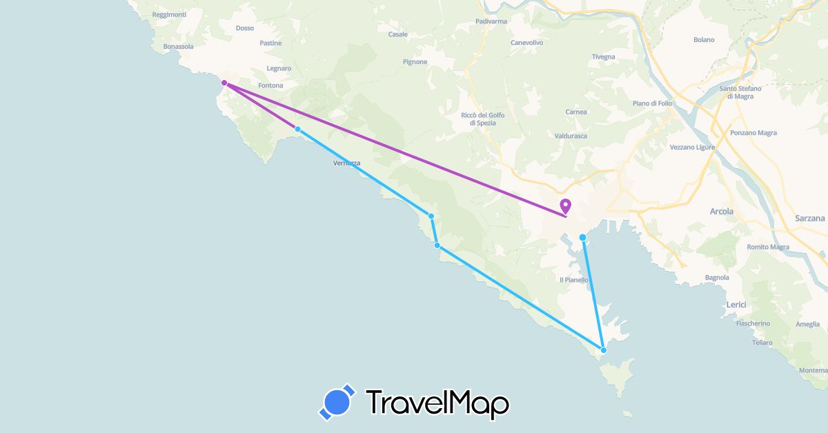 TravelMap itinerary: train, boat in Italy (Europe)
